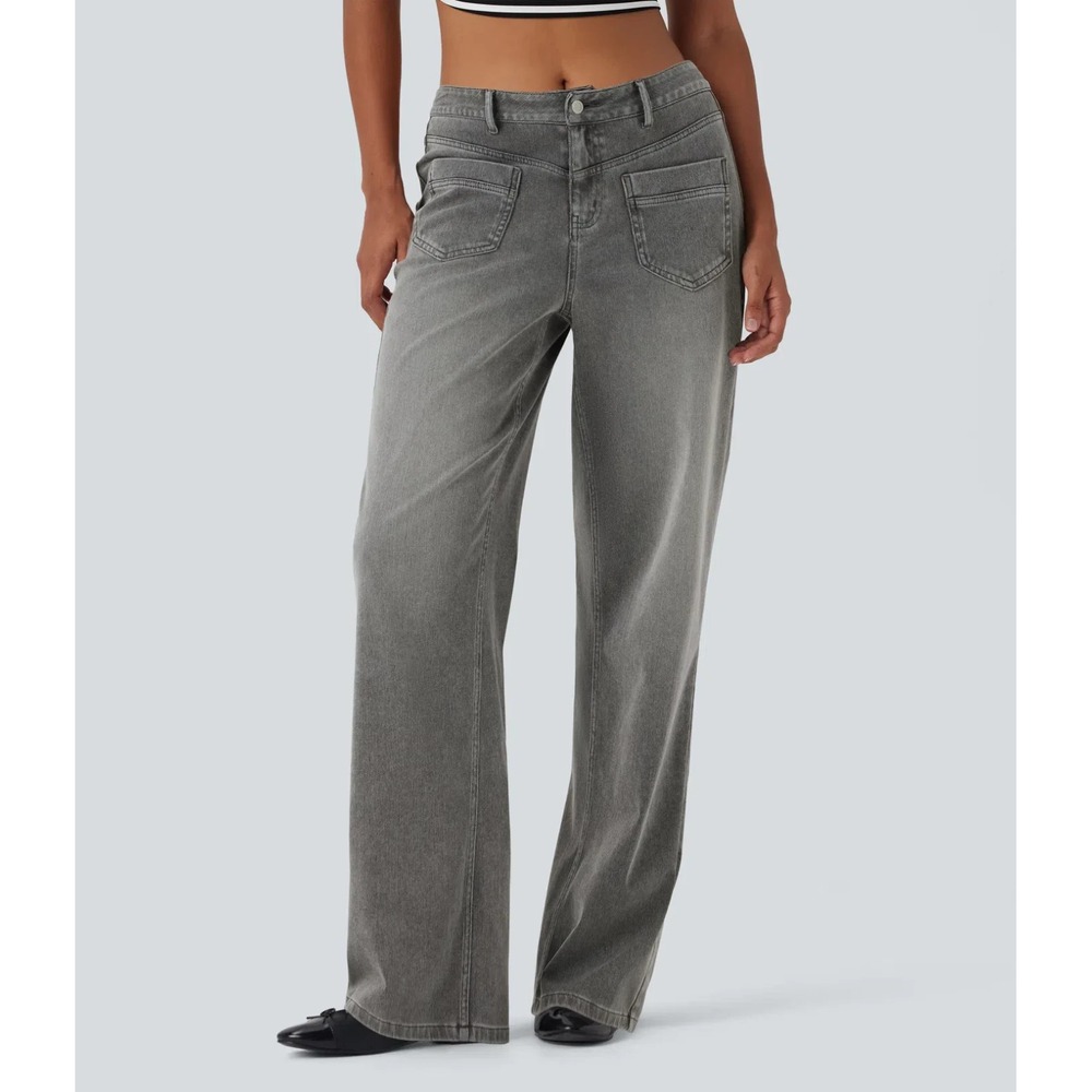New Halara Flex Mid Rise Straight Leg Casual Jeans Pockets Gray Large Soft Denim - Picture 1 of 16